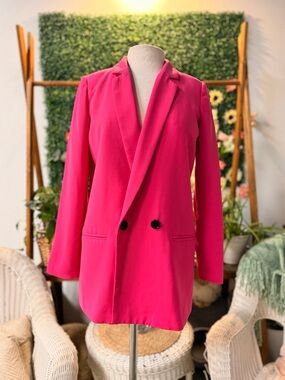 Mural Bright Pink Double-Breasted Longline Blazer